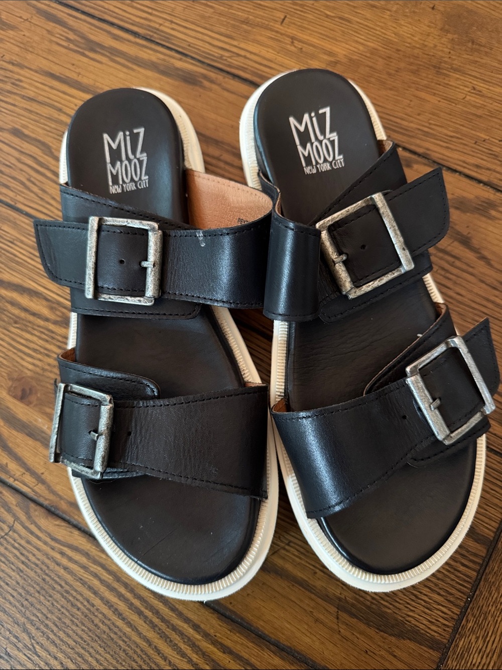 Miz Mooz Black Double Buckle Slide Sandals with White Trim